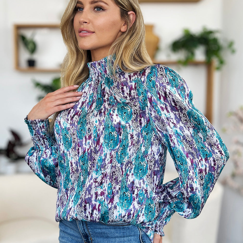 
                      
                        Double Take Full Size Printed Smocked Long Sleeve Blouse
                      
                    