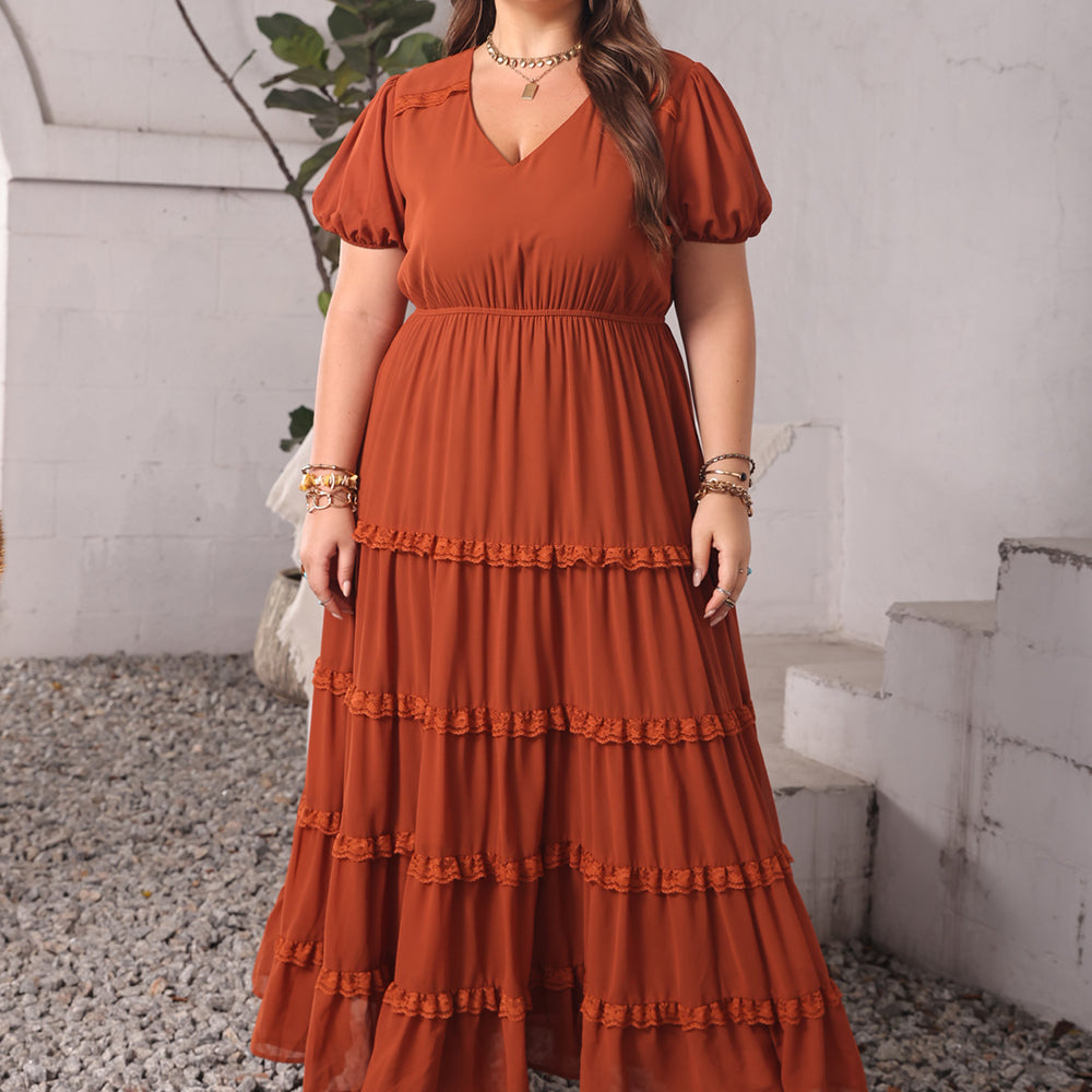 
                      
                        Plus Size Ruched Lace Detail V-Neck Short Sleeve Dress
                      
                    