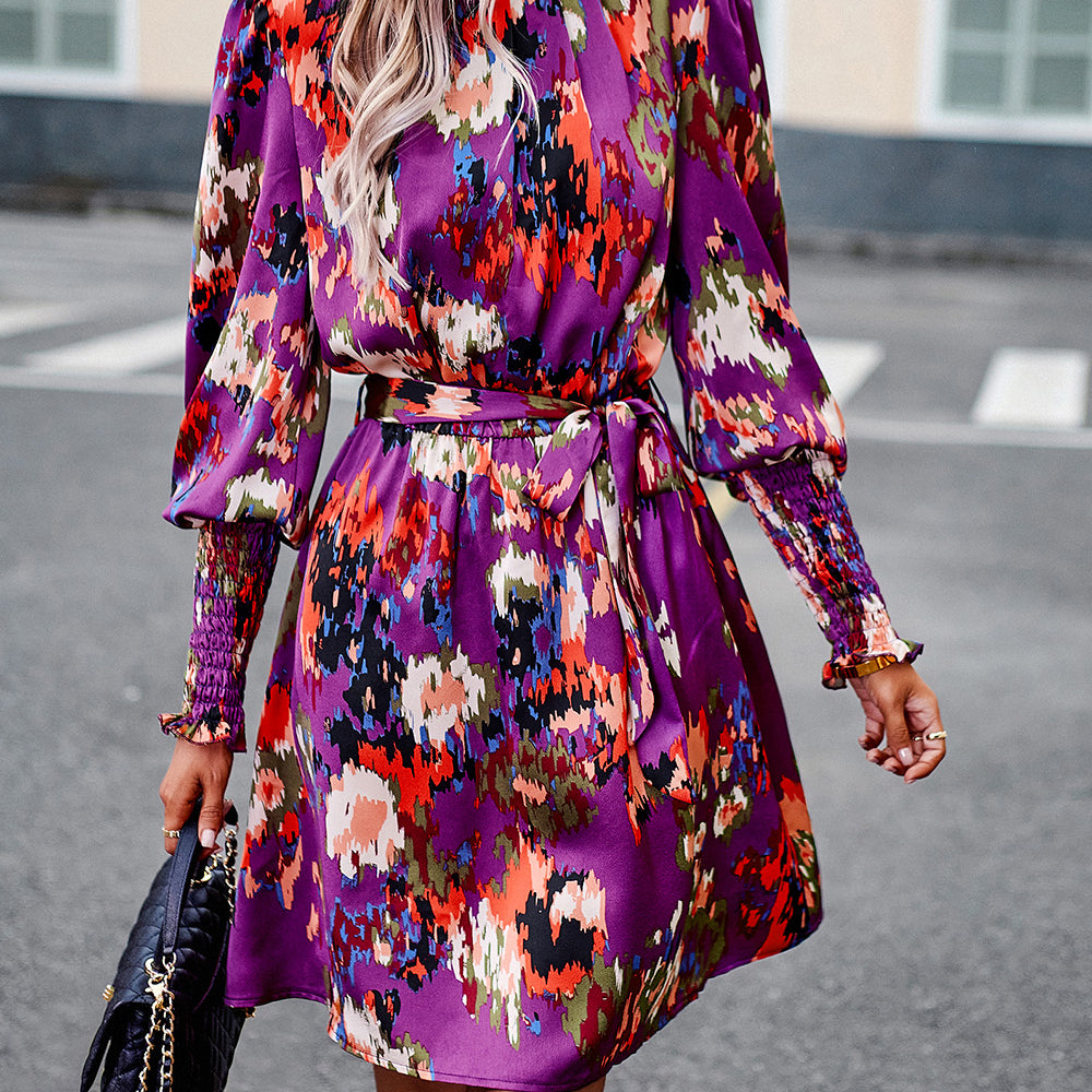 
                      
                        Printed Tie Waist Mock Neck Lantern Sleeve Dress
                      
                    