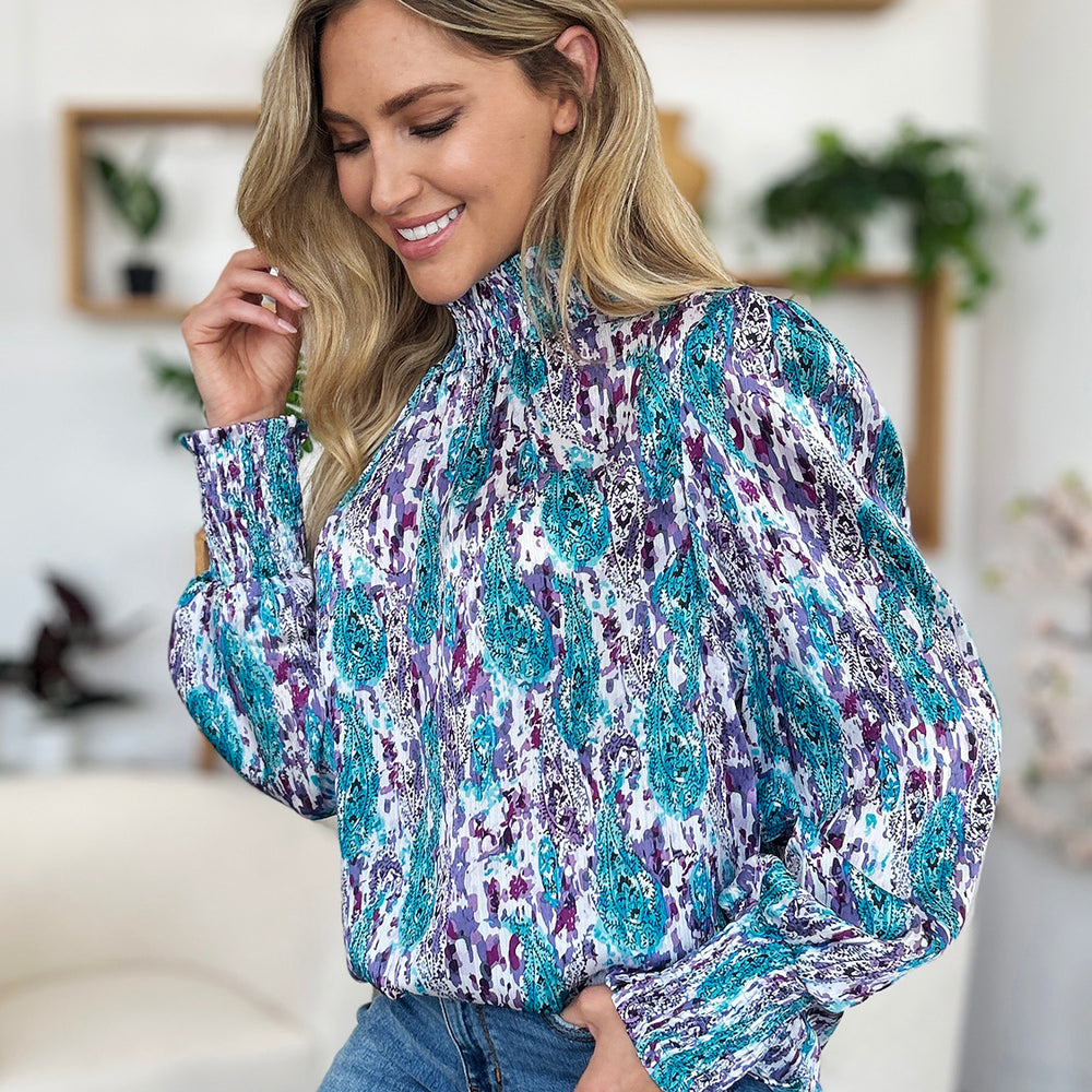 
                      
                        Double Take Full Size Printed Smocked Long Sleeve Blouse
                      
                    