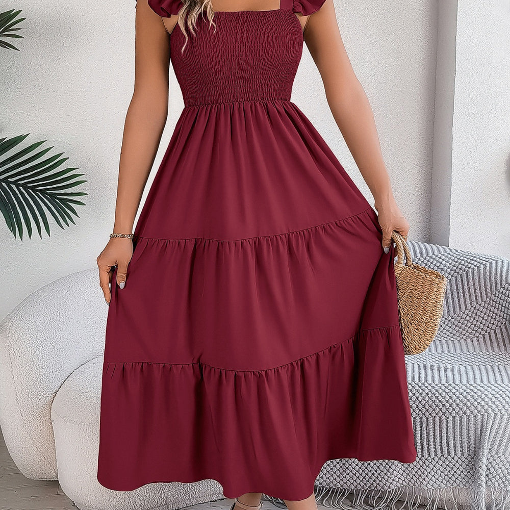 
                      
                        Smocked Square Neck Cap Sleeve Midi Dress
                      
                    