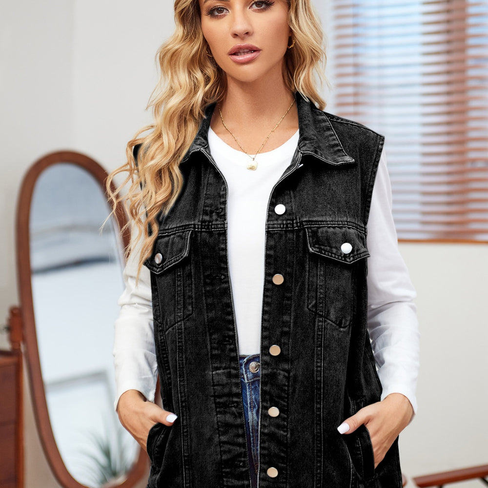 
                      
                        Pocketed Button Up Sleeveless Denim Jacket
                      
                    