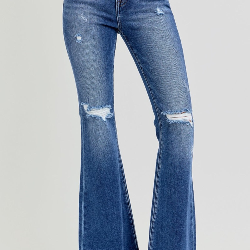 
                      
                        RISEN Full Size High Rise Distressed Raw Hem Flare Jeans
                      
                    