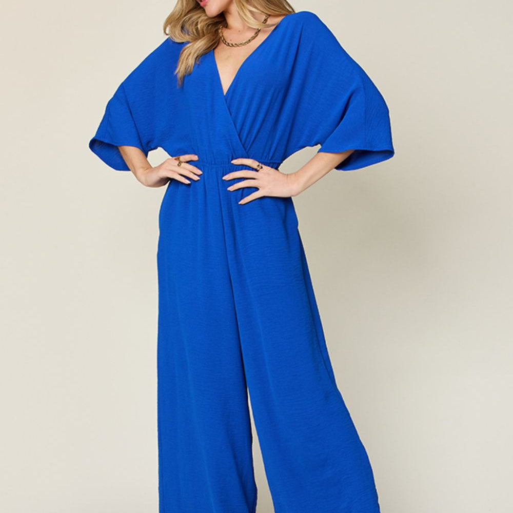 Double Take Full Size Surplice Wide Leg Jumpsuit with Pockets