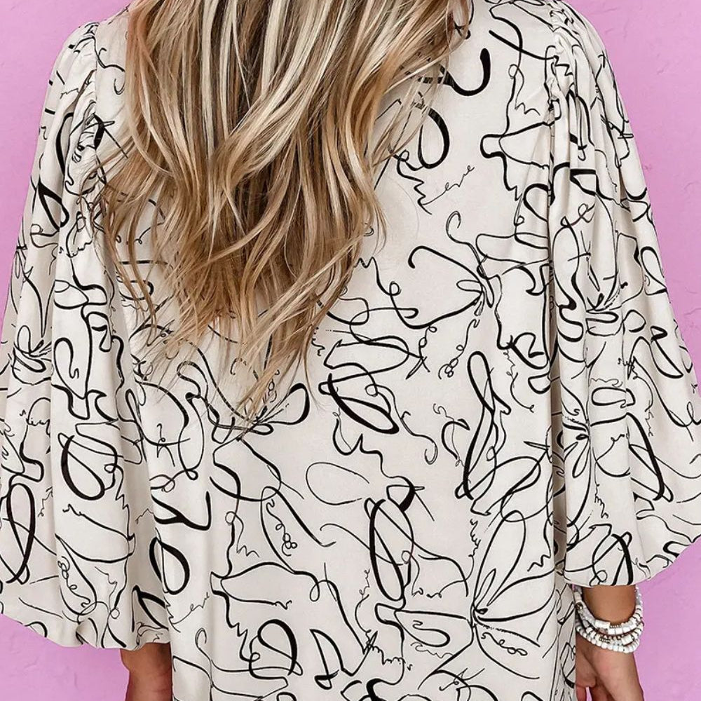 Printed Round Neck Three-Quarter Sleeve Blouse