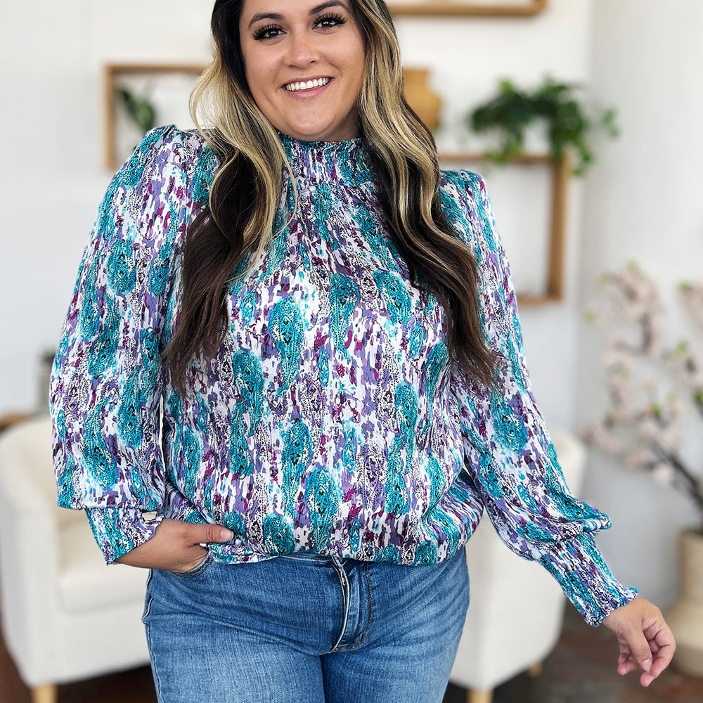 
                      
                        Double Take Full Size Printed Smocked Long Sleeve Blouse
                      
                    