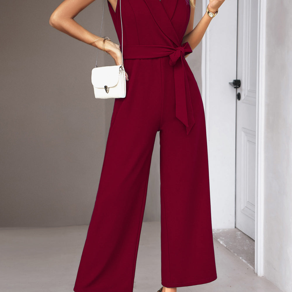 
                      
                        Tie Waist Shawl Collar Sleeveless Jumpsuit
                      
                    