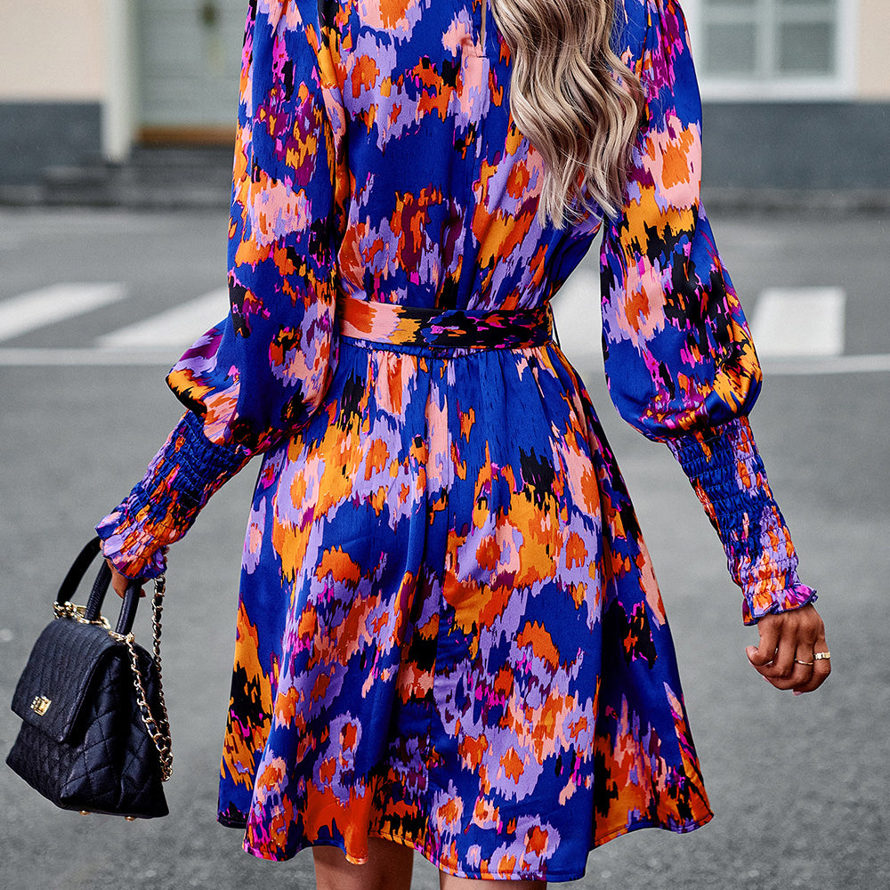 Printed Tie Waist Mock Neck Lantern Sleeve Dress