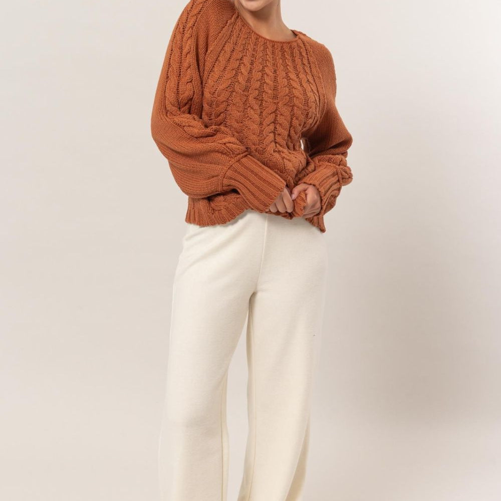 
                      
                        HYFVE Cable-Knit Round Neck Raglan Sleeve Sweater
                      
                    