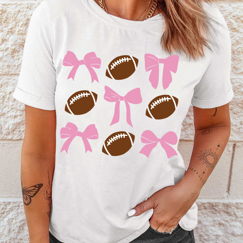 Football & Bow Round Neck Short Sleeve T-Shirt