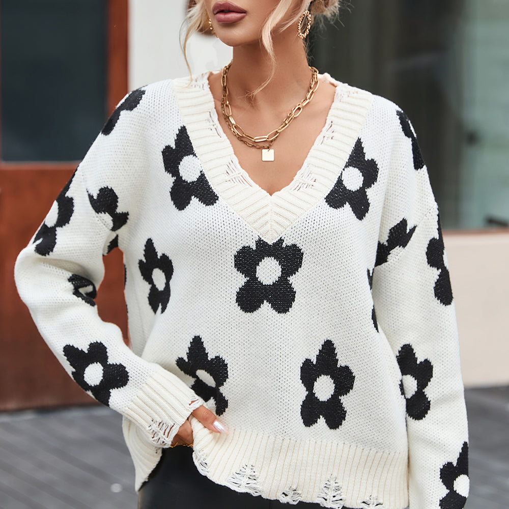 Flower Distressed V-Neck Dropped Shoulder Sweater