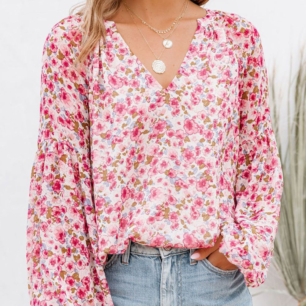 
                      
                        Floral Notched Balloon Sleeve Blouse
                      
                    