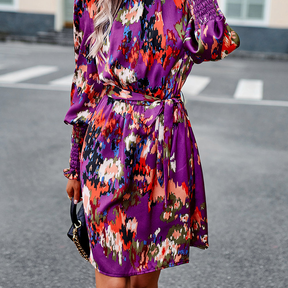 
                      
                        Printed Tie Waist Mock Neck Lantern Sleeve Dress
                      
                    