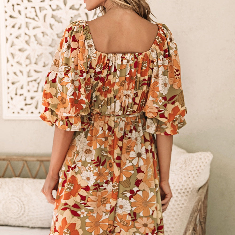 Floral Square Neck Mini Dress