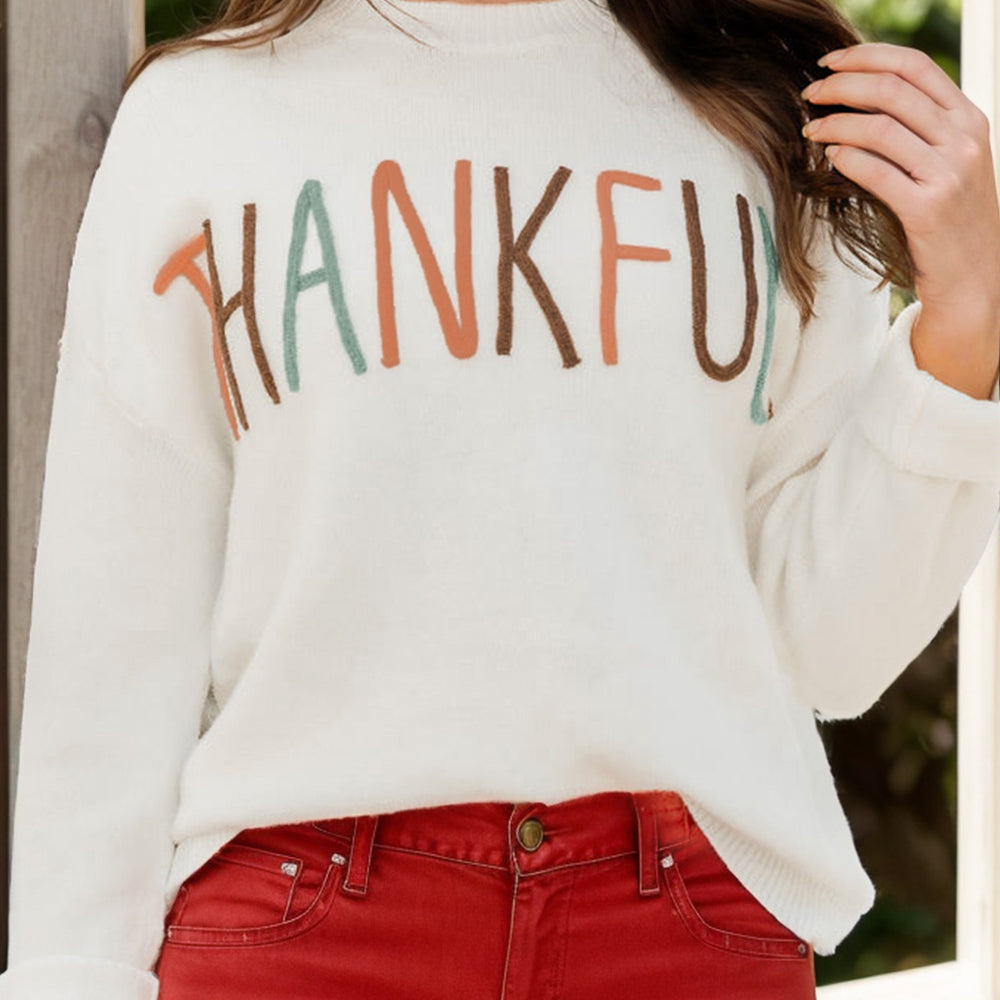 THANKFUL Round Neck Long Sleeve Knit Top