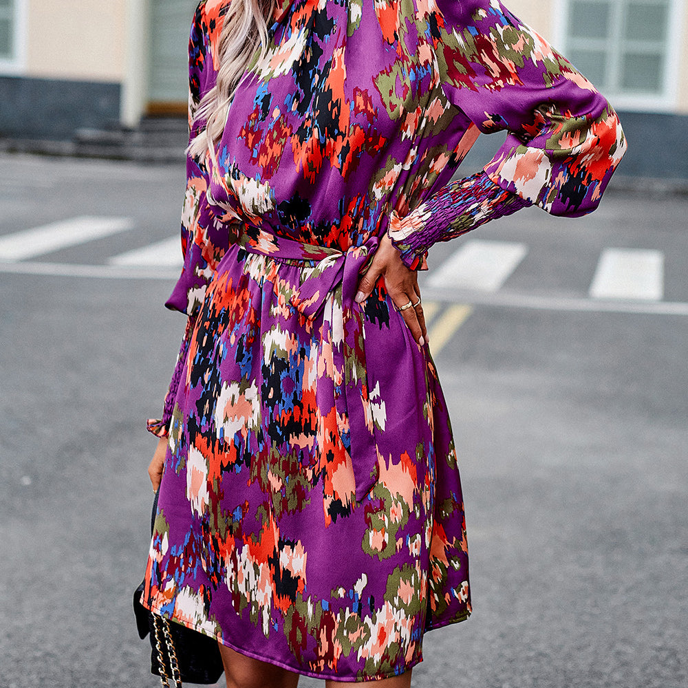 
                      
                        Printed Tie Waist Mock Neck Lantern Sleeve Dress
                      
                    