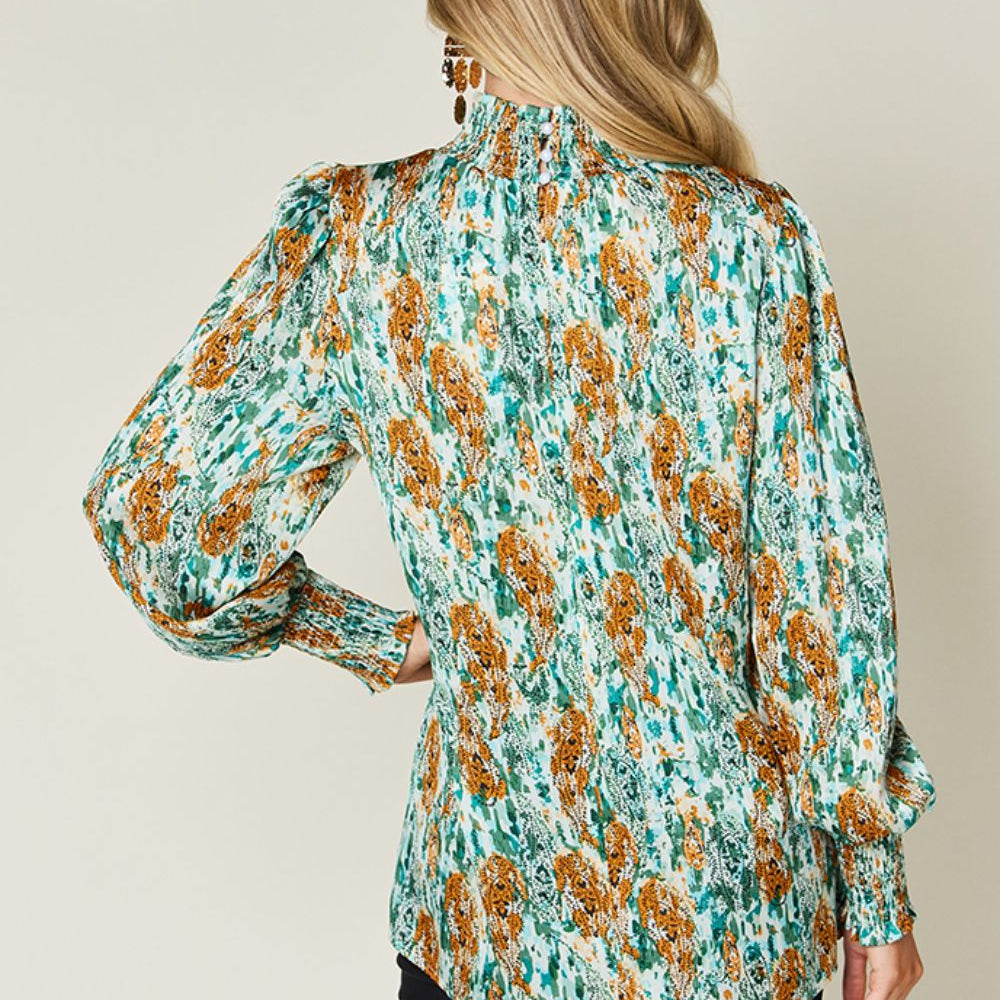 
                      
                        Double Take Full Size Printed Smocked Long Sleeve Blouse
                      
                    