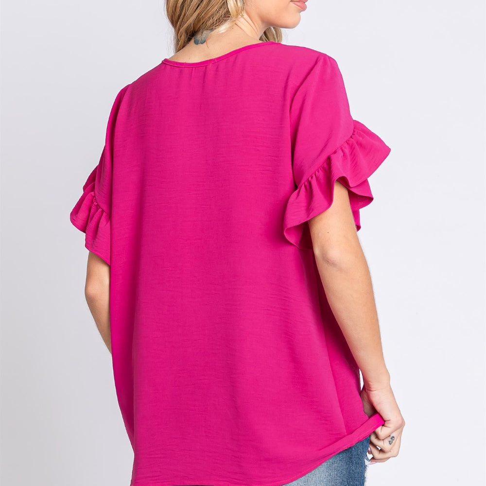 GeeGee V-Neck Ruffle Trim Short Sleeve Blouse