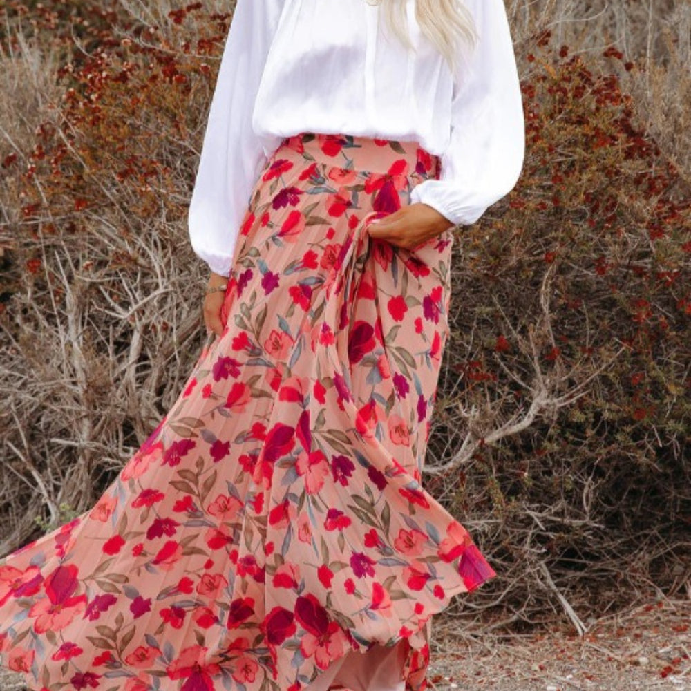 
                      
                        Printed Elastic Waist Pleated Maxi Skirt
                      
                    