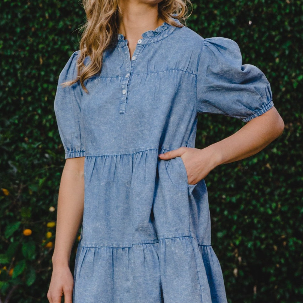 
                      
                        ODDI Washed Tiered Mini Denim Dress
                      
                    