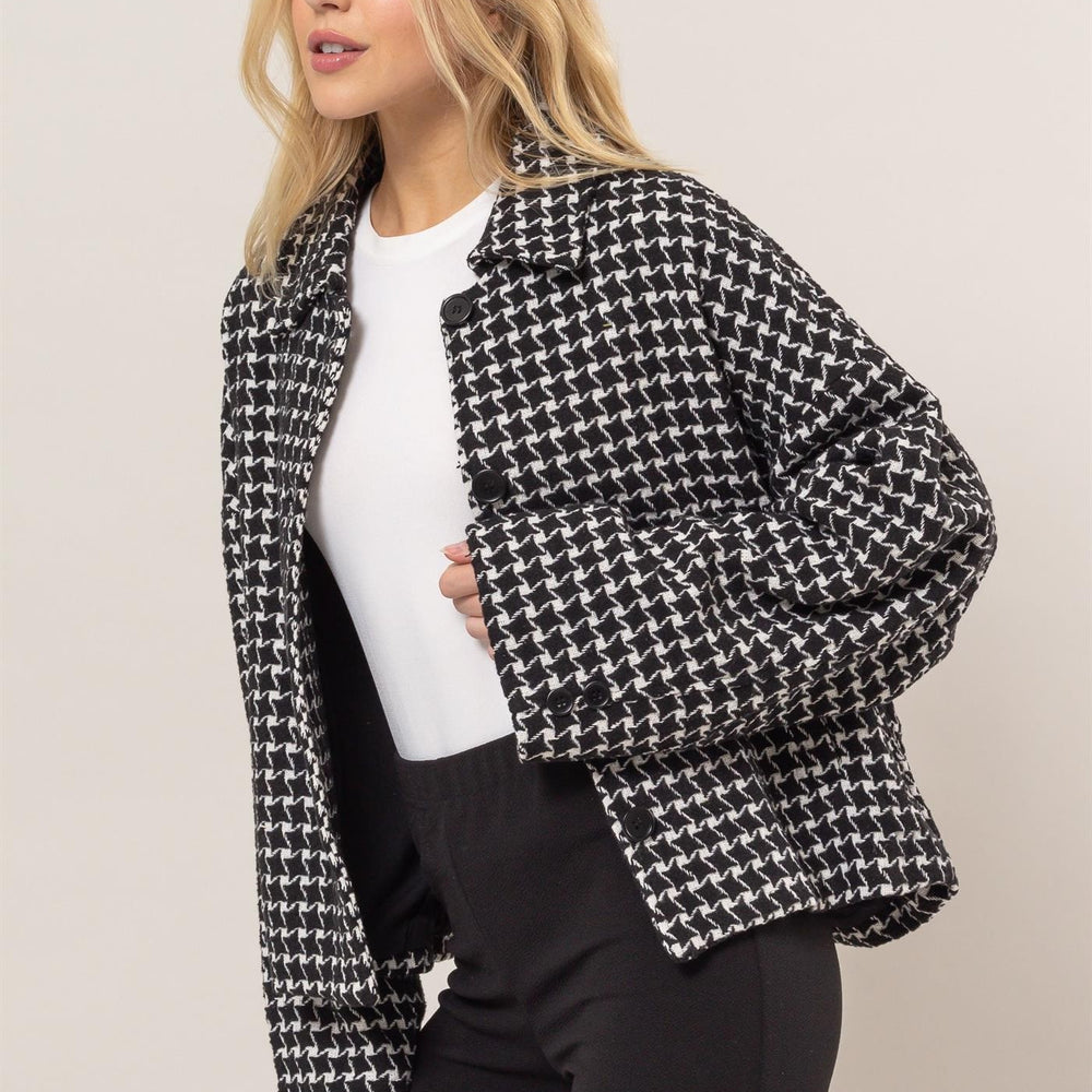 
                      
                        HYFVE Tweed Plaid Button Up Collared Neck Jacket
                      
                    