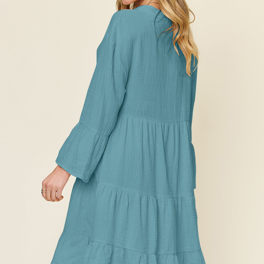 
                      
                        Double Take Full Size Texture Button Up Ruffle Hem Dress
                      
                    