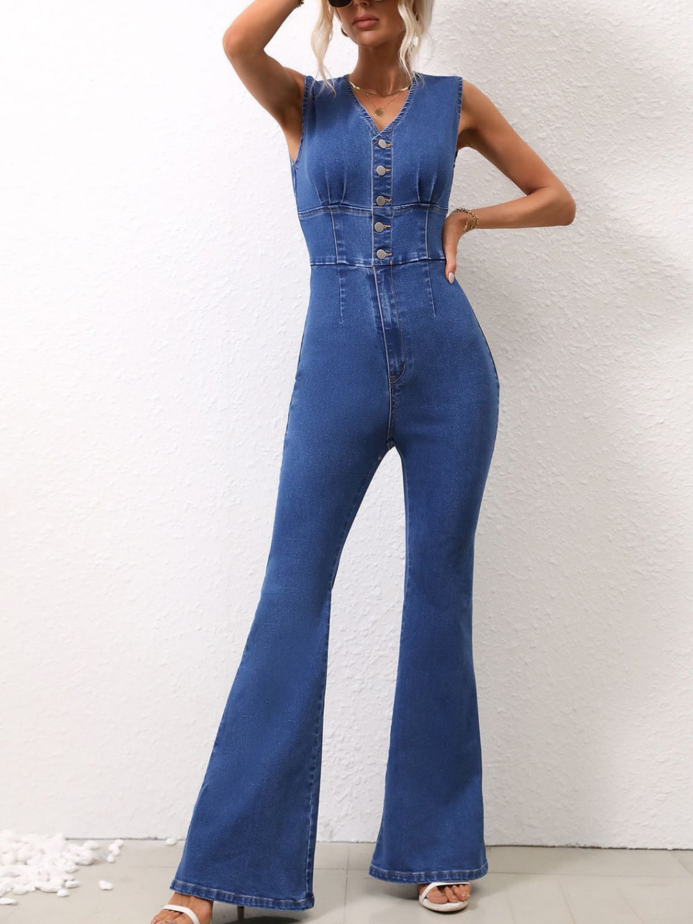 V-Neck Sleeveless Denim Jumpsuit