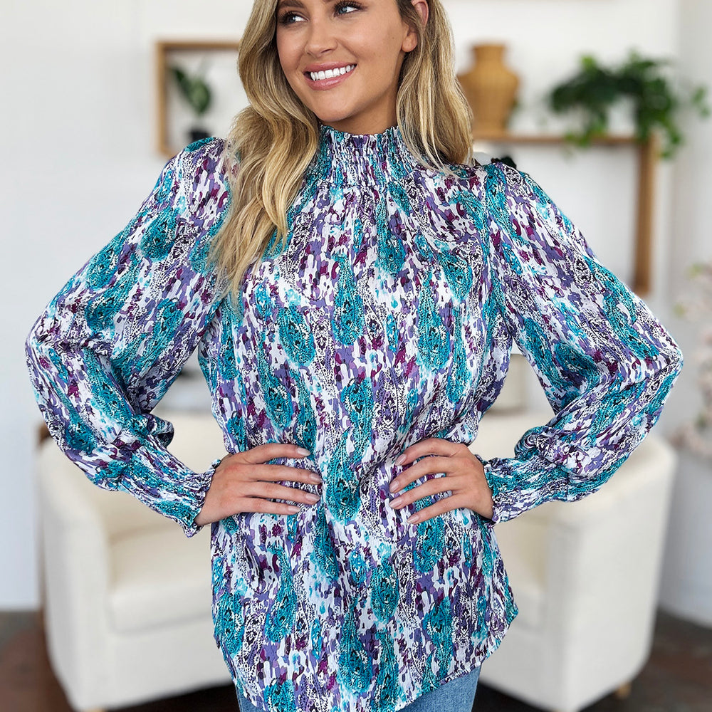 
                      
                        Double Take Full Size Printed Smocked Long Sleeve Blouse
                      
                    