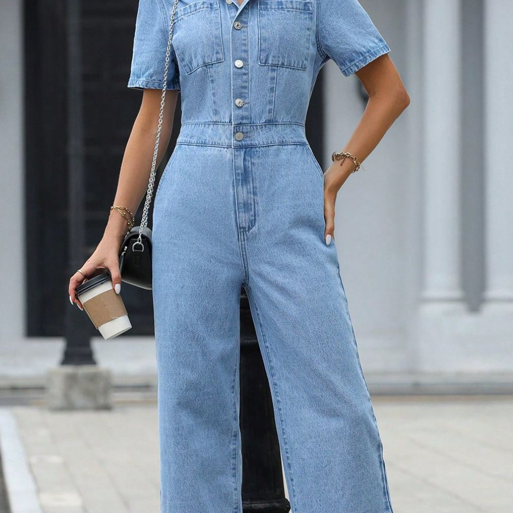 
                      
                        Short Sleeve Wide Leg Denim Jumpsuit
                      
                    