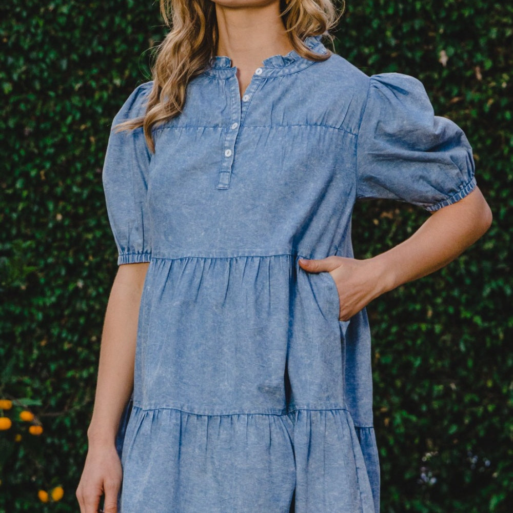 
                      
                        ODDI Washed Tiered Mini Denim Dress
                      
                    