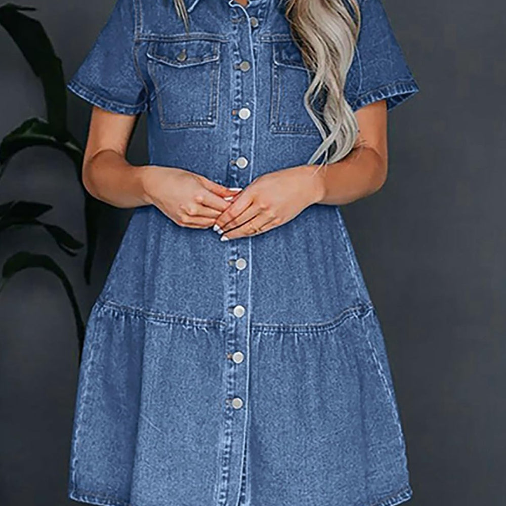 
                      
                        Pocketed Button Up Collared Neck Short Sleeve Denim Dress
                      
                    