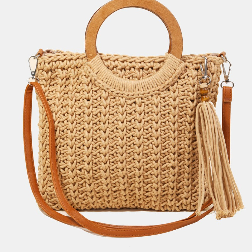 
                      
                        Fame Crochet Knit Convertible Tote Bag with Tassel
                      
                    