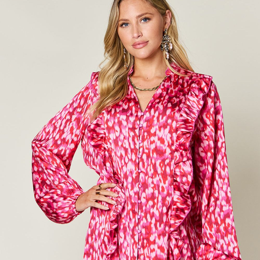 
                      
                        Double Take Full Size Printed Ruffle Trim Balloon Sleeve Shirt
                      
                    