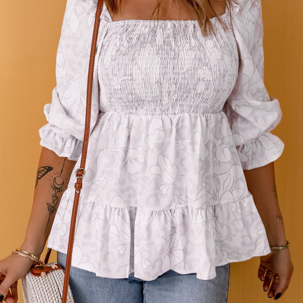 Smocked Square Neck Flounce Sleeve Blouse