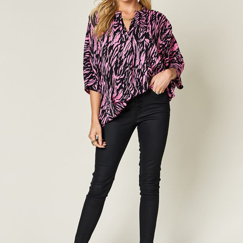 
                      
                        Double Take Full Size Printed Notched Three-Quarter Sleeve Blouse
                      
                    