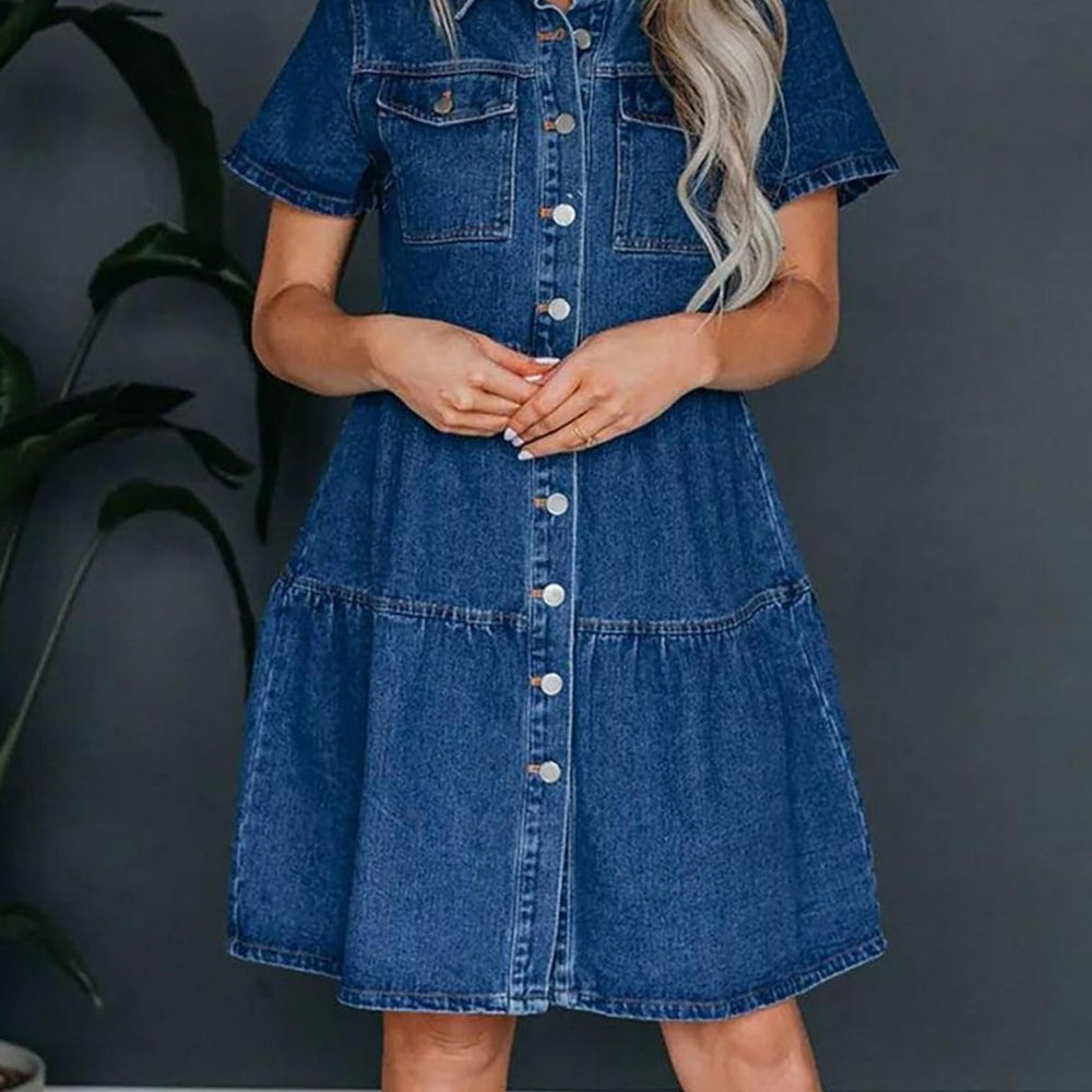 Pocketed Button Up Collared Neck Short Sleeve Denim Dress