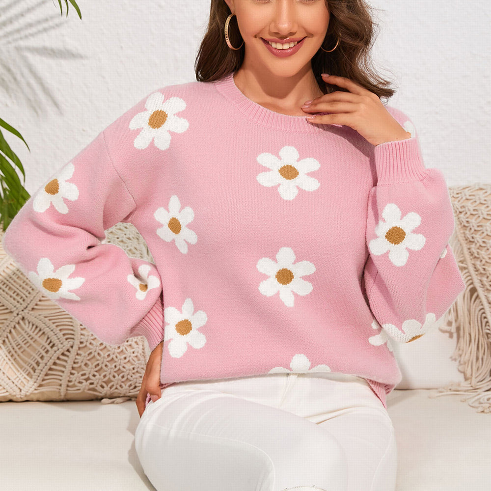 Flower Round Neck Dropped Shoulder Sweater