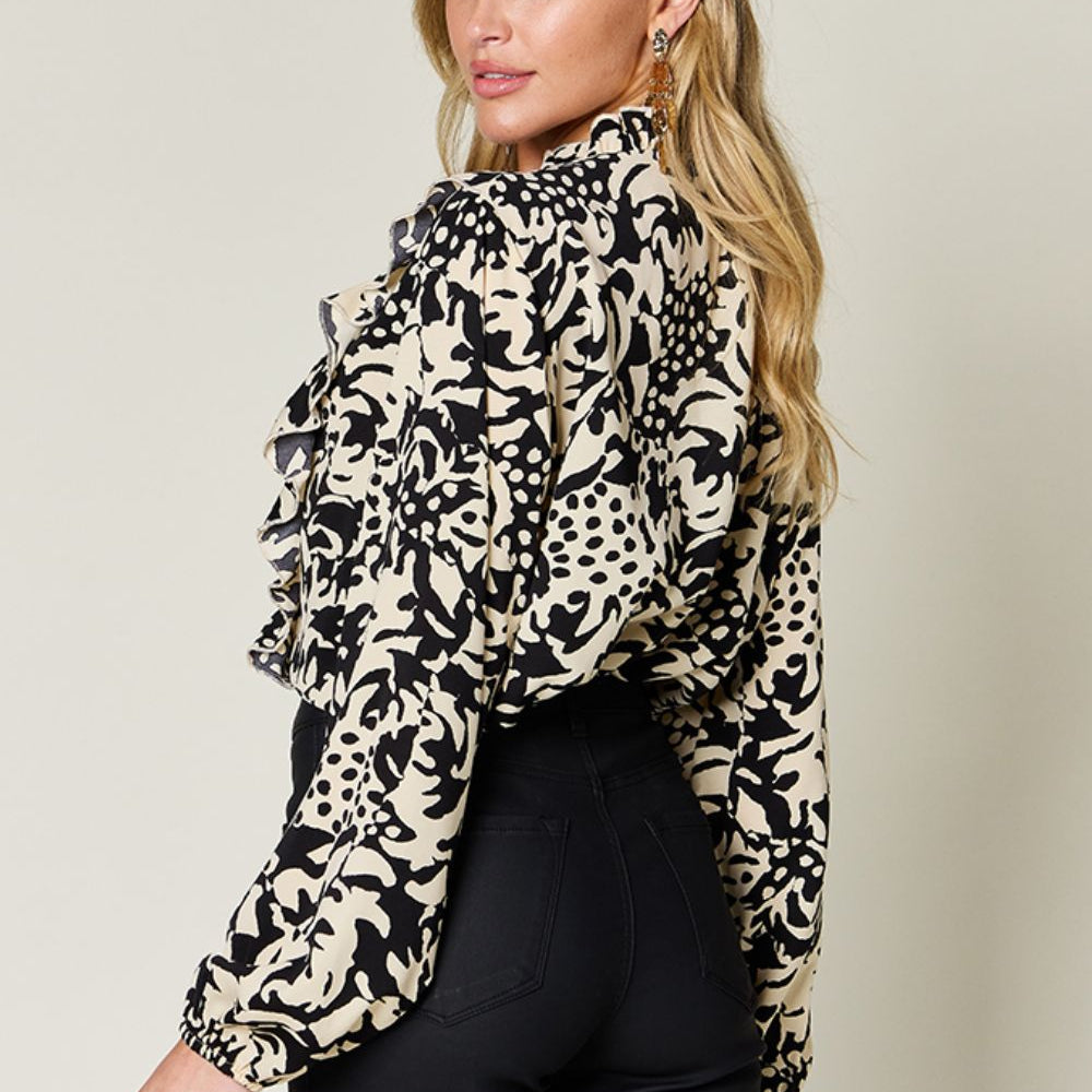 
                      
                        Double Take Full Size Printed Ruffle Trim Balloon Sleeve Shirt
                      
                    