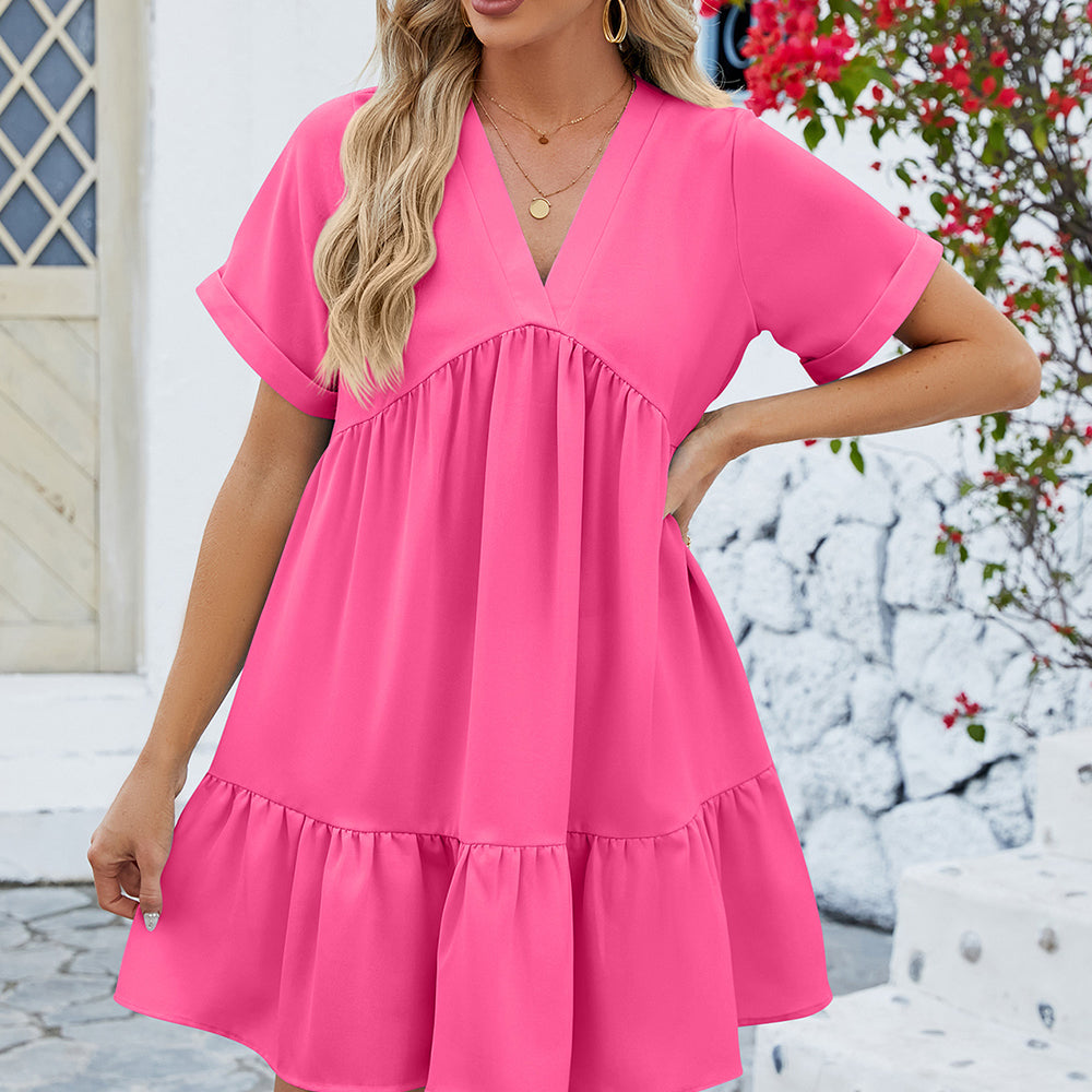 
                      
                        Ruched Tiered V-Neck Short Sleeve Mini Dress
                      
                    