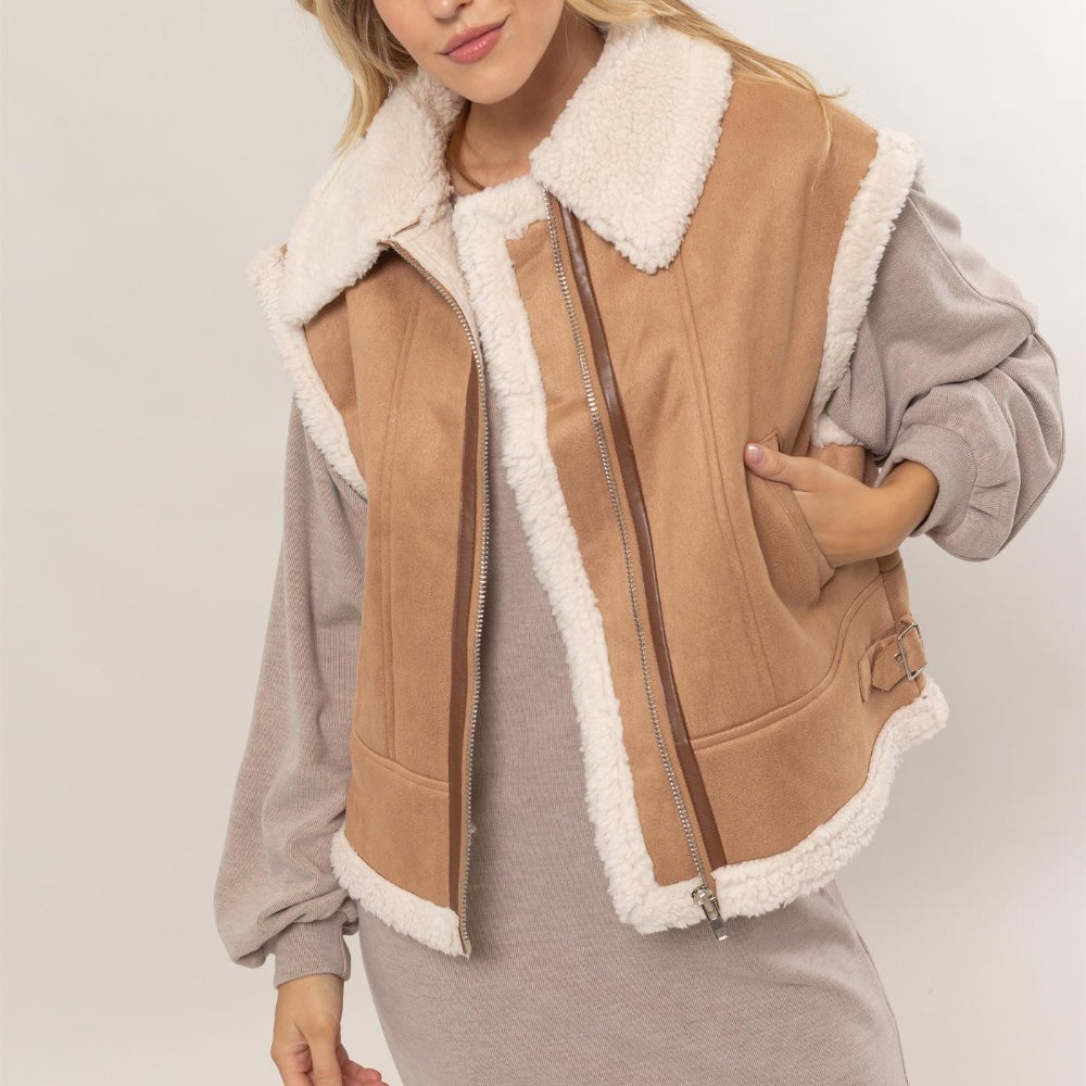 HYFVE Fur-Contrast Zip Up Suede Vest