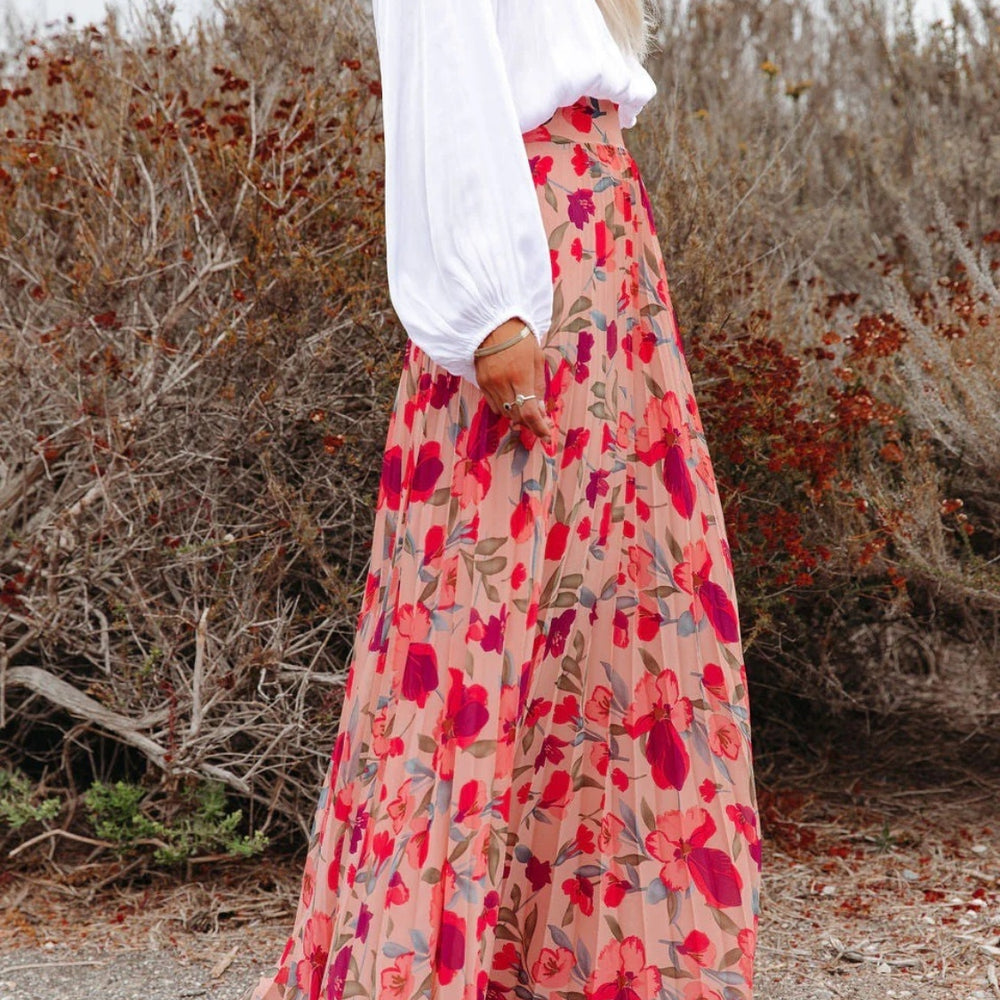 
                      
                        Printed Elastic Waist Pleated Maxi Skirt
                      
                    