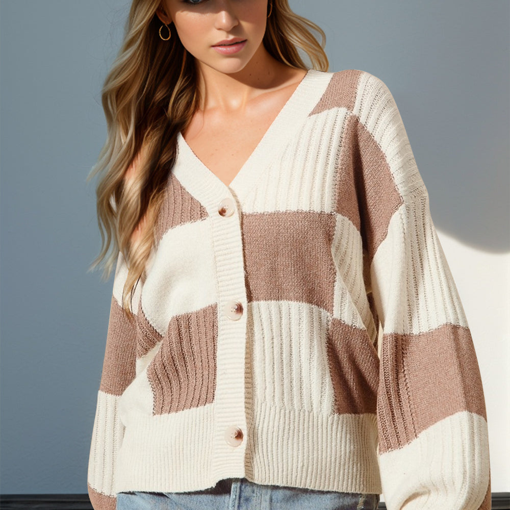 Double Take Full Size Checkered Dropped Shoulder Cardigan