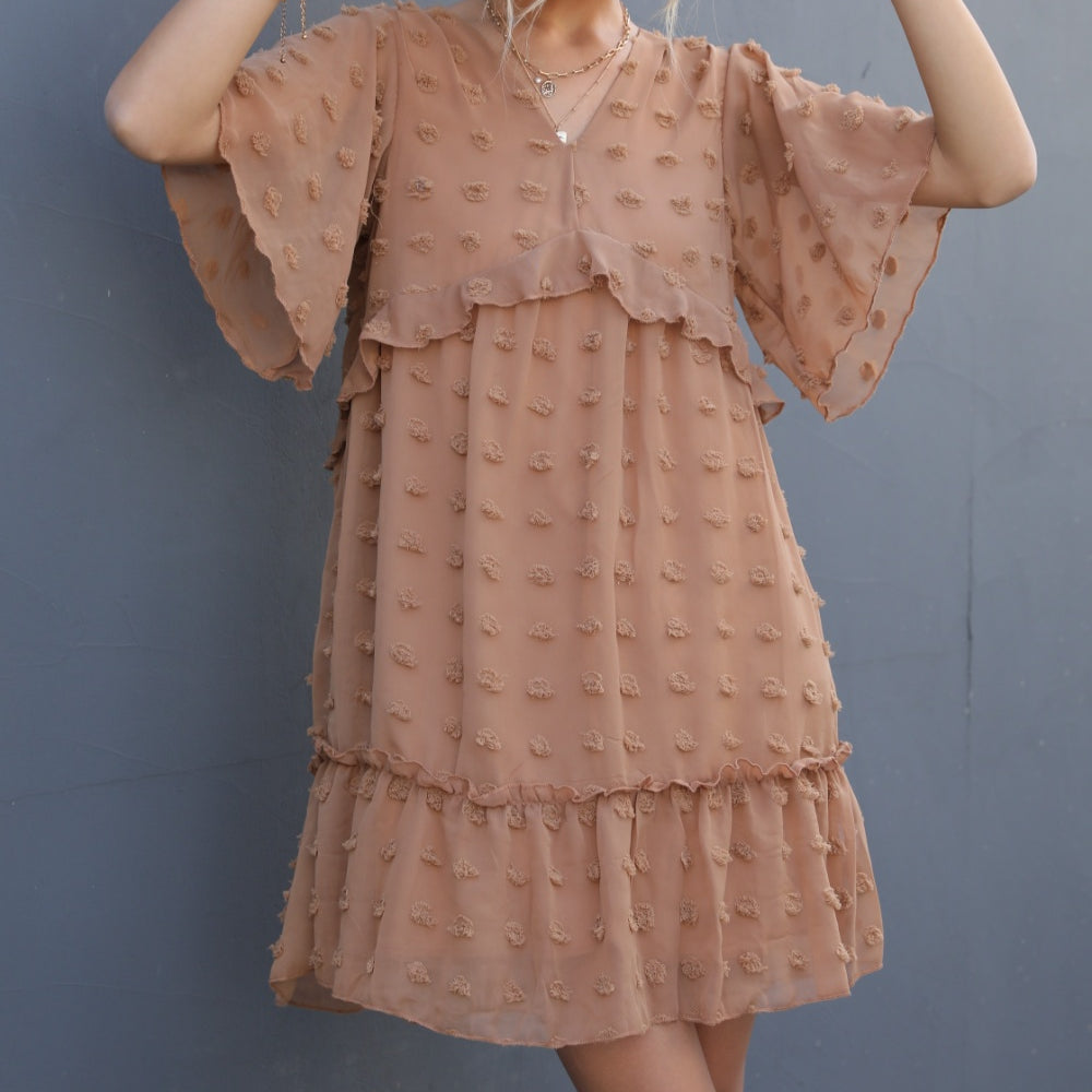 
                      
                        Swiss Dot V-Neck Flutter Sleeve Mini Dress
                      
                    