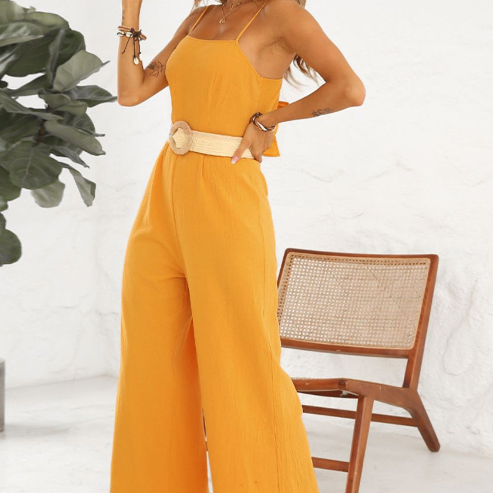 
                      
                        Shiny Cutout Spaghetti Strap Tie Back Wide Leg Jumpsuit
                      
                    