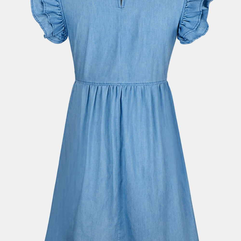 
                      
                        Full Size Ruffled Round Neck Cap Sleeve Denim Dress
                      
                    