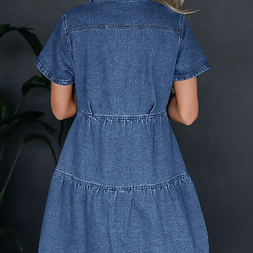 
                      
                        Pocketed Button Up Collared Neck Short Sleeve Denim Dress
                      
                    