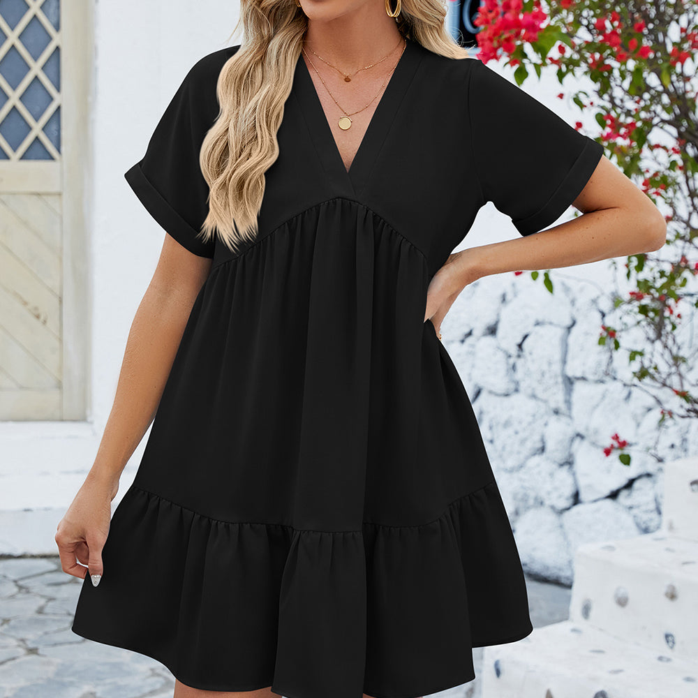 
                      
                        Ruched Tiered V-Neck Short Sleeve Mini Dress
                      
                    