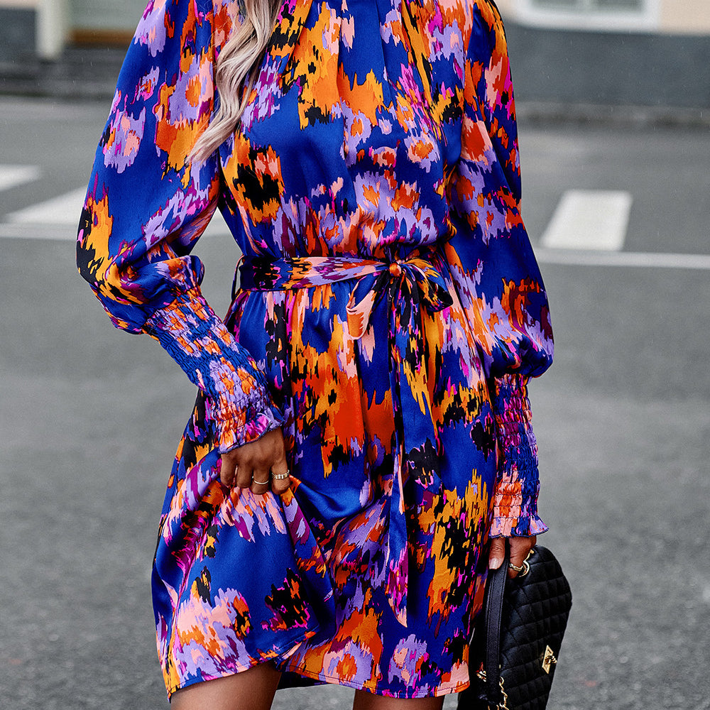 
                      
                        Printed Tie Waist Mock Neck Lantern Sleeve Dress
                      
                    