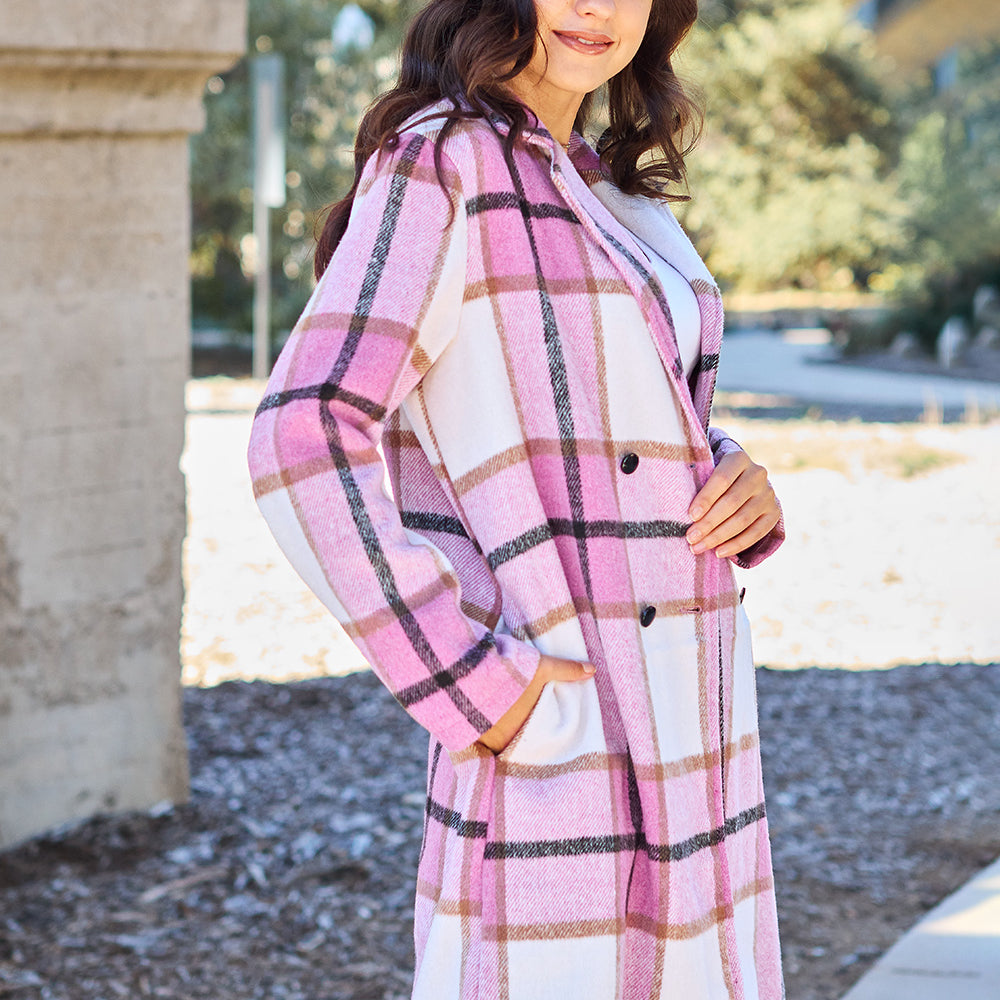 Double Take Full Size Plaid Button Up Lapel Collar Coat