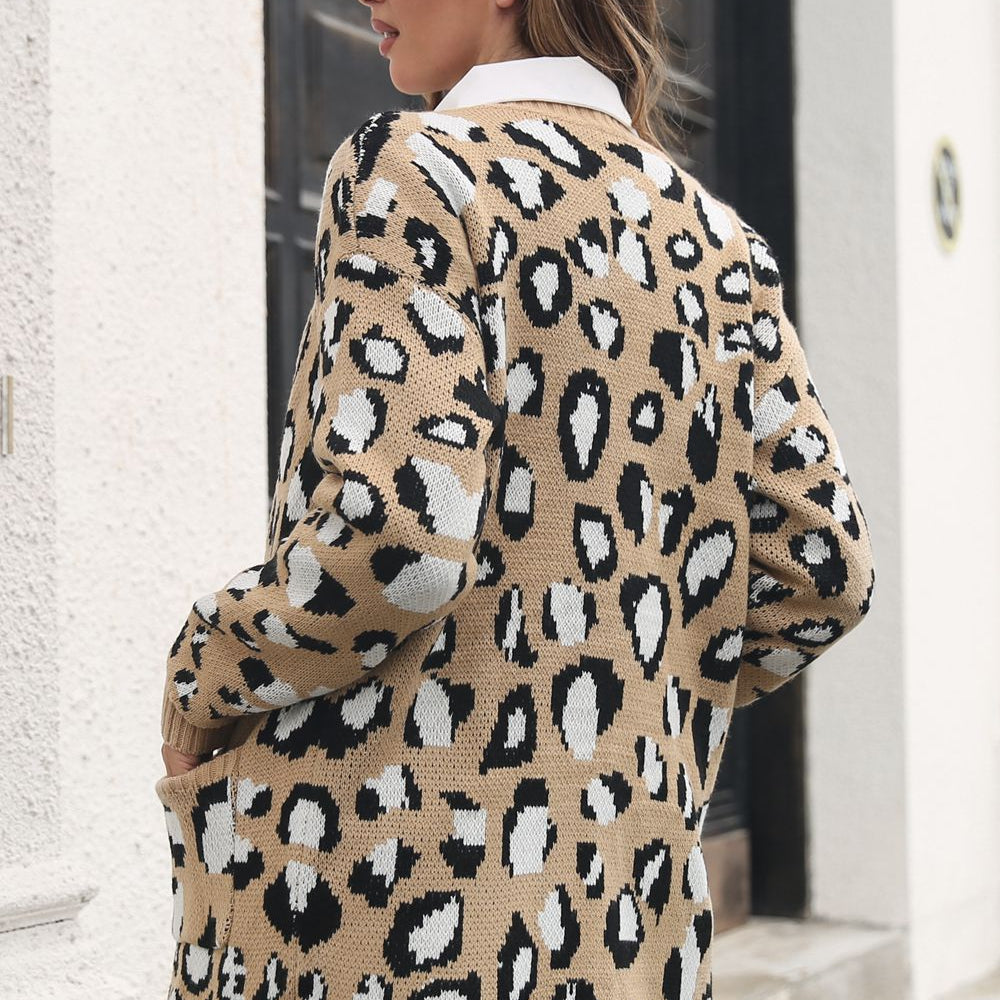 Leopard Open Front Cardigan with Pockets